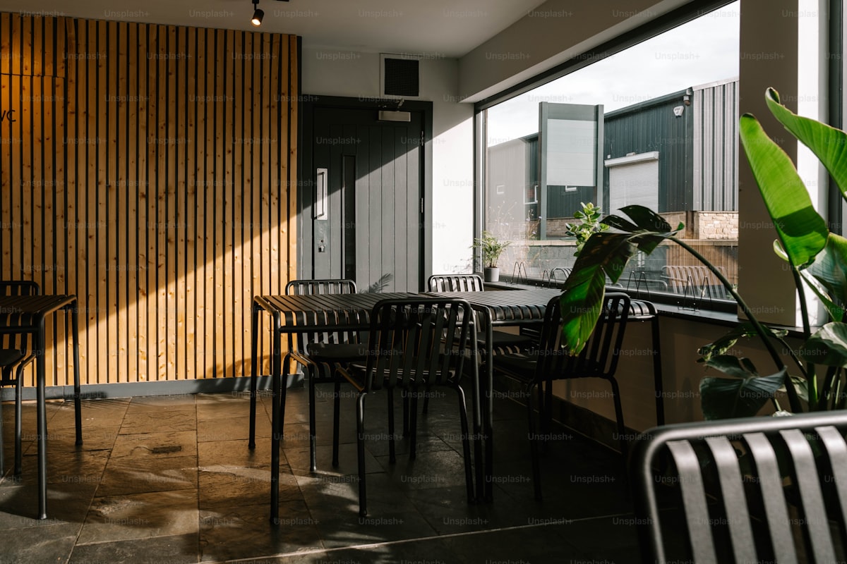 Cafe interior with exposed brick and natural light